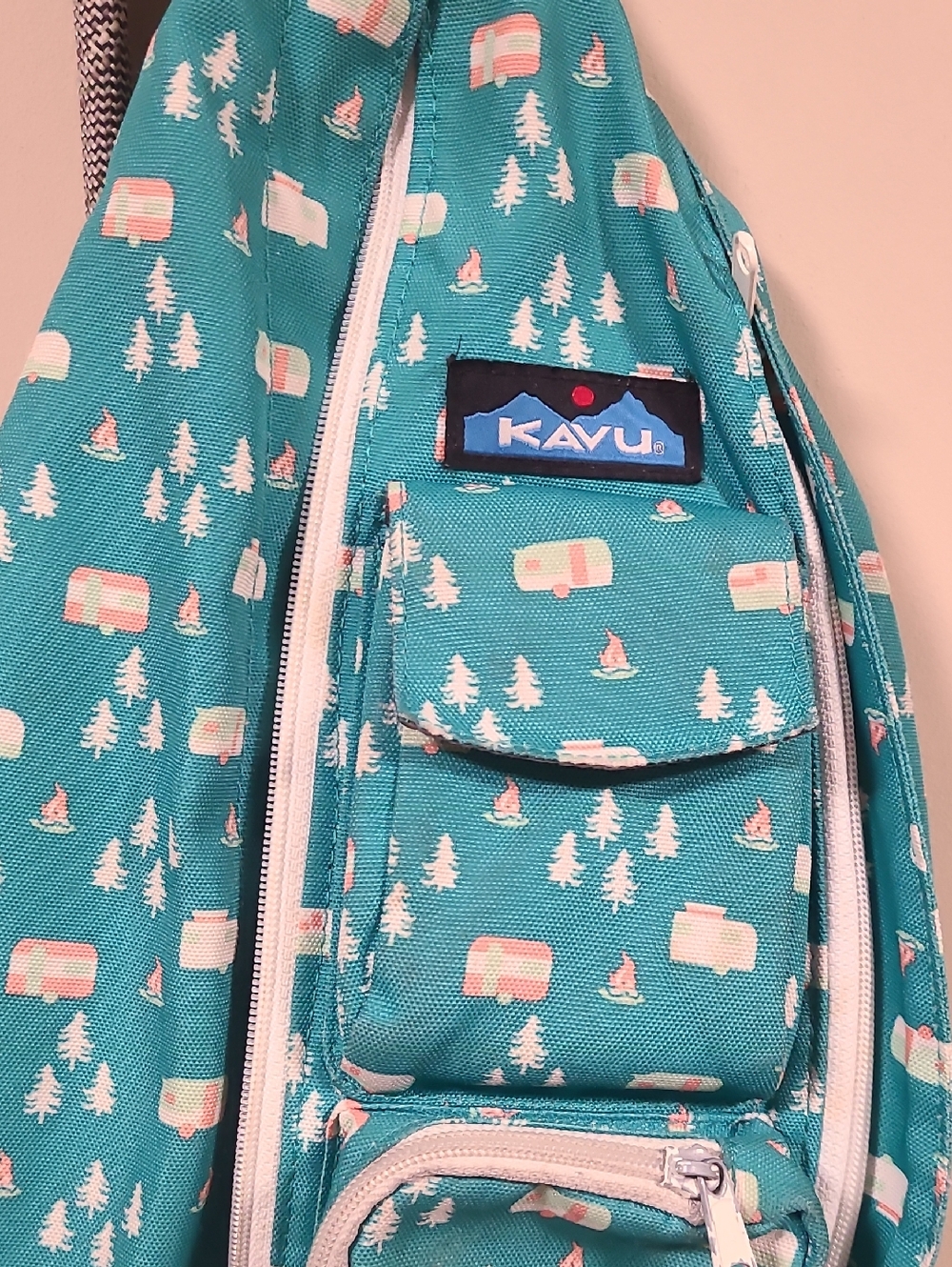 KAVU Rope Sling Bag Teal Camping Print Crossbody Backpack Hiking Travel Outdoors - Picture 2 of 5